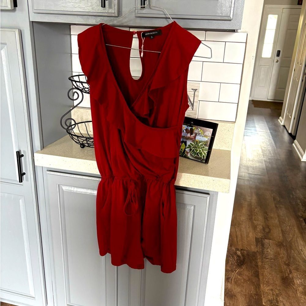 Red Sleeveless Ruffled Romper by Merokeety